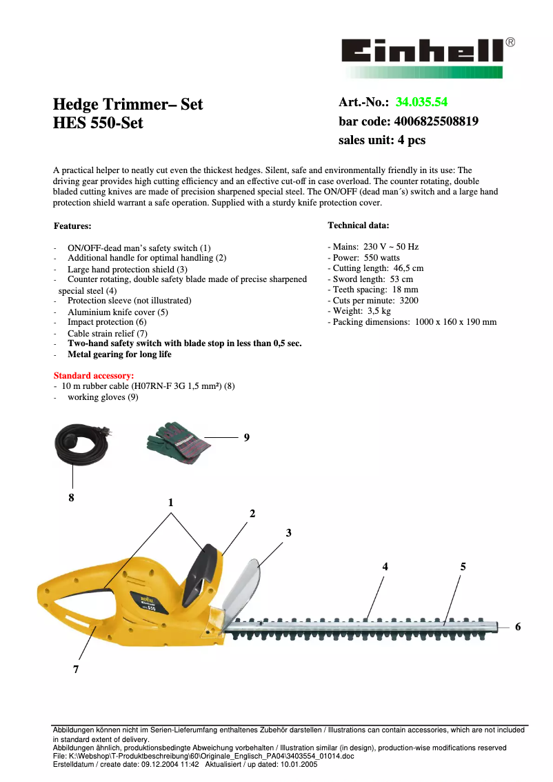 Página 1 del manual Ficha técnica Einhell Royal HES 550