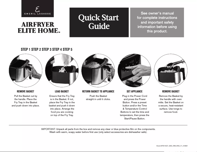 Page 1 de la notice Guide de démarrage rapide Emeril Lagasse AirFryer Elite Home HF-8360T-S