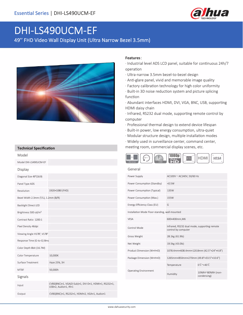 Page 1 de la notice Fiche technique Dahua Technology LS490UCM-EF