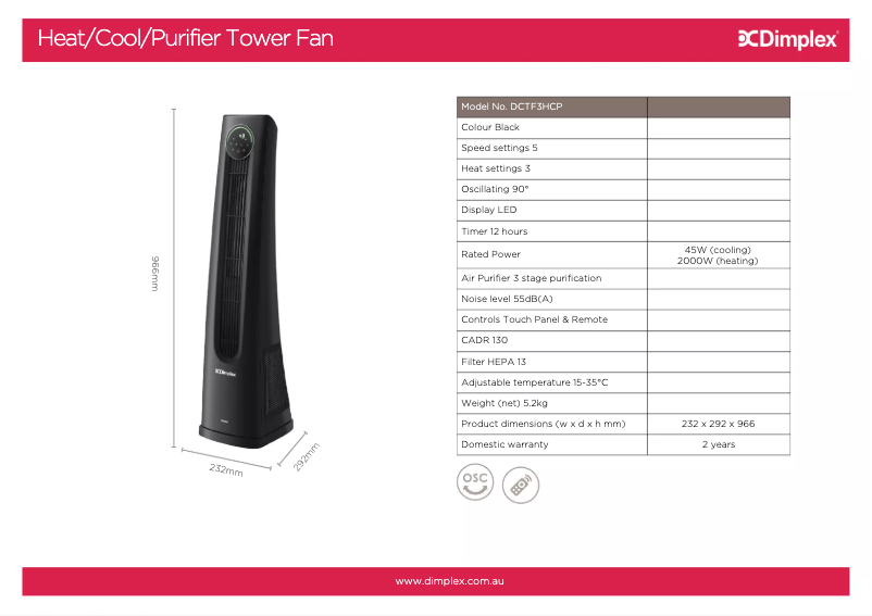 Page 1 of the manual Technical Sheet Dimplex DCTF3HCP