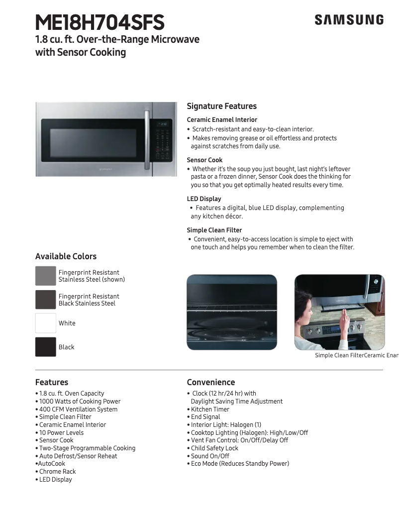 Page 1 de la notice Fiche technique Samsung ME18H704SFG/AA