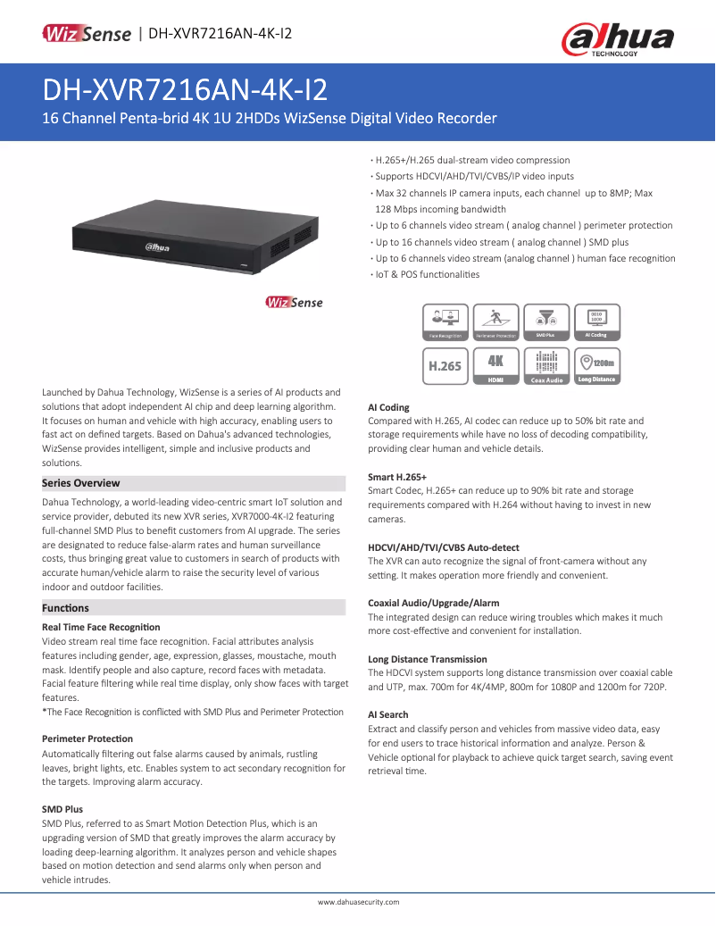 Page 1 de la notice Fiche technique Dahua Technology XVR7216AN-4K-I2