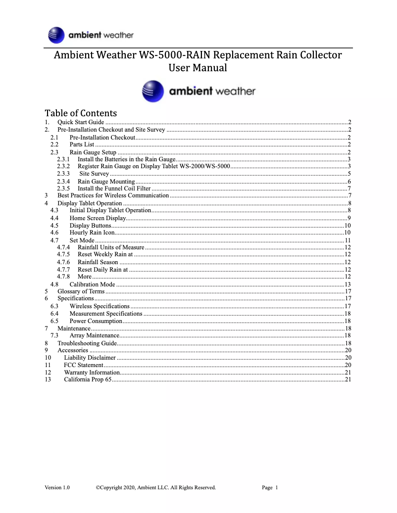 Page n°1 - Manuel utilisateur Ambient Weather WS-5000-RAIN