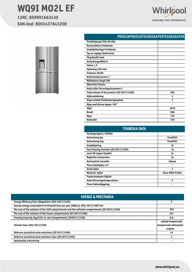 Page 1 de la notice Fiche technique Whirlpool WQ9I MO2L EF