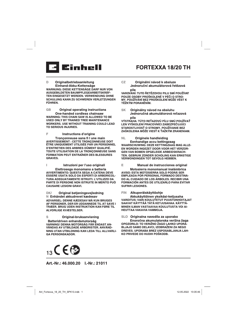 Page 1 de la notice Manuel utilisateur Einhell FORTEXXA 18/20 TH