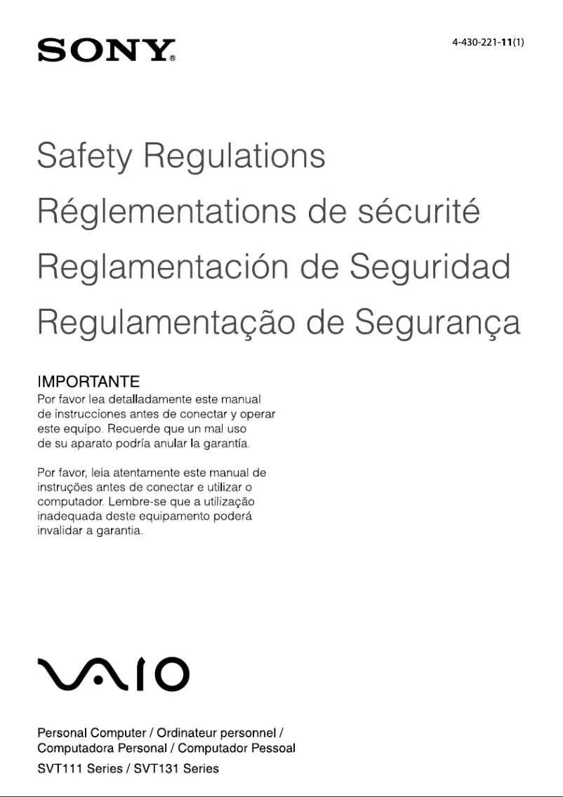 Page n°1 - Instructions de sécurité Sony Vaio Tab 13 SVT13113FXS