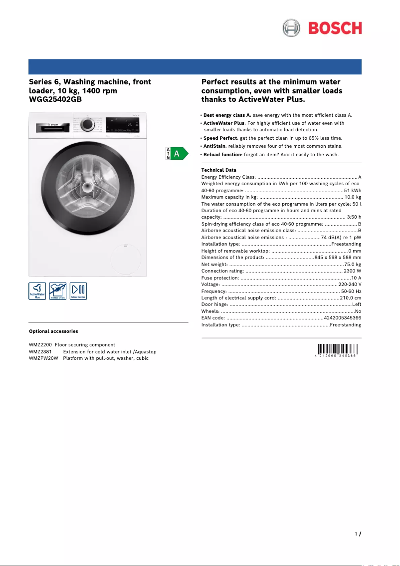 Page n°1 - Fiche technique Bosch WGG25402GB