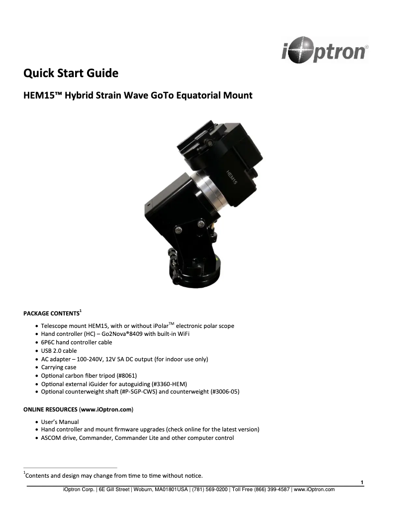 Page n°1 - Guide de démarrage rapide iOptron HEM15