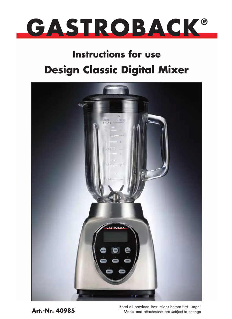Page 1 de la notice Manuel utilisateur Gastroback 40985