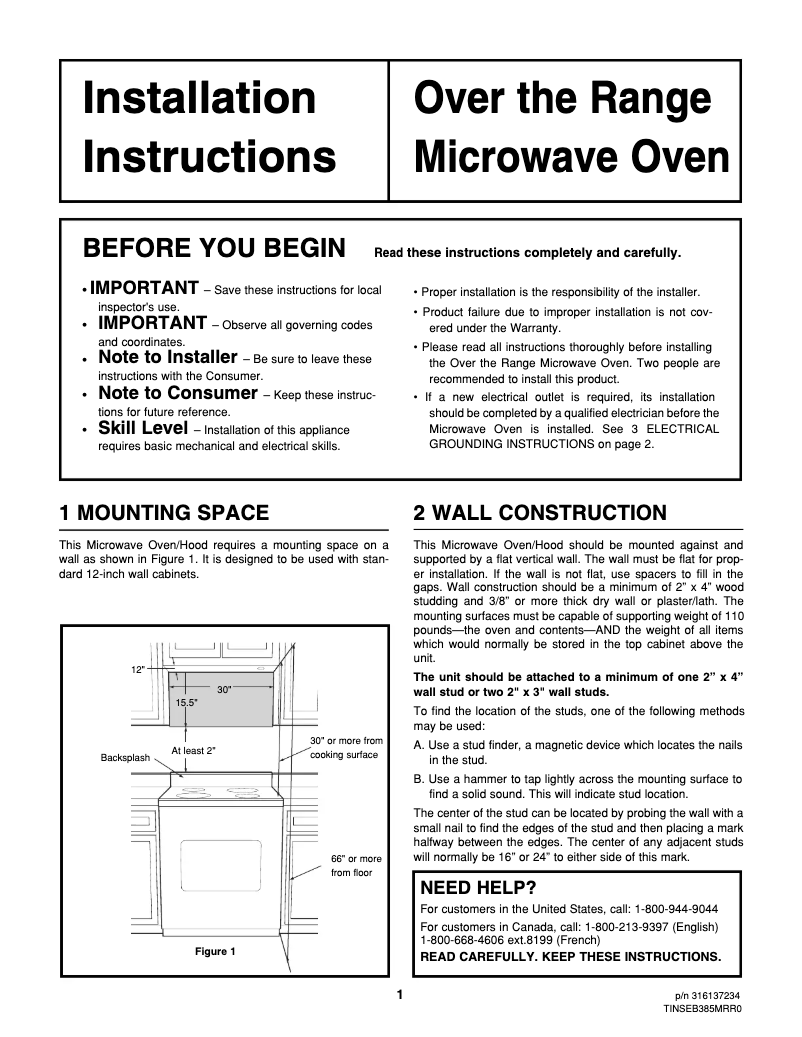 Page 1 de la notice Guide d'installation Frigidaire GLMV169GB