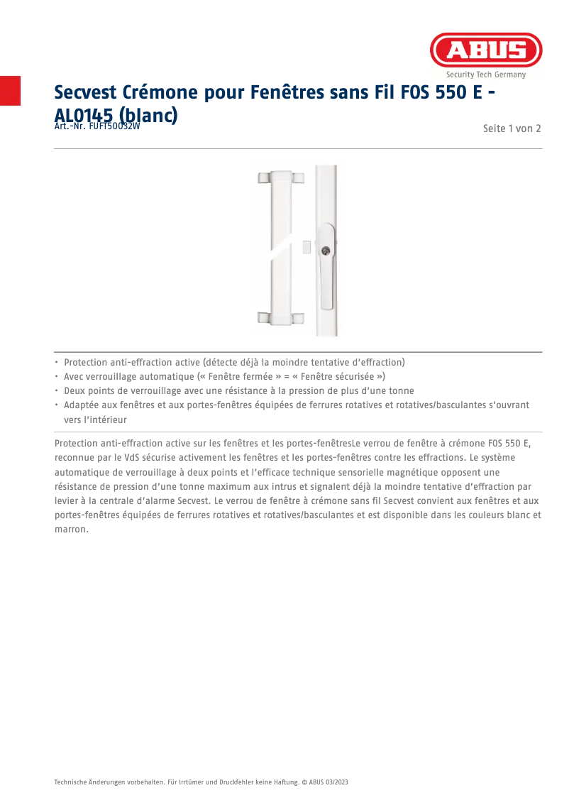 Page n°1 - Fiche technique Abus FUFT50032W