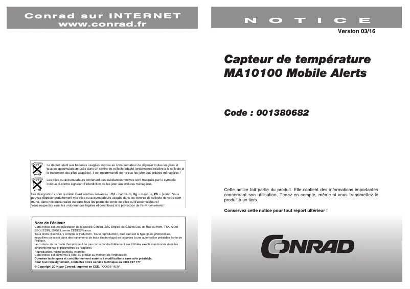 Page 1 de la notice Manuel utilisateur Techno Line MA 10100