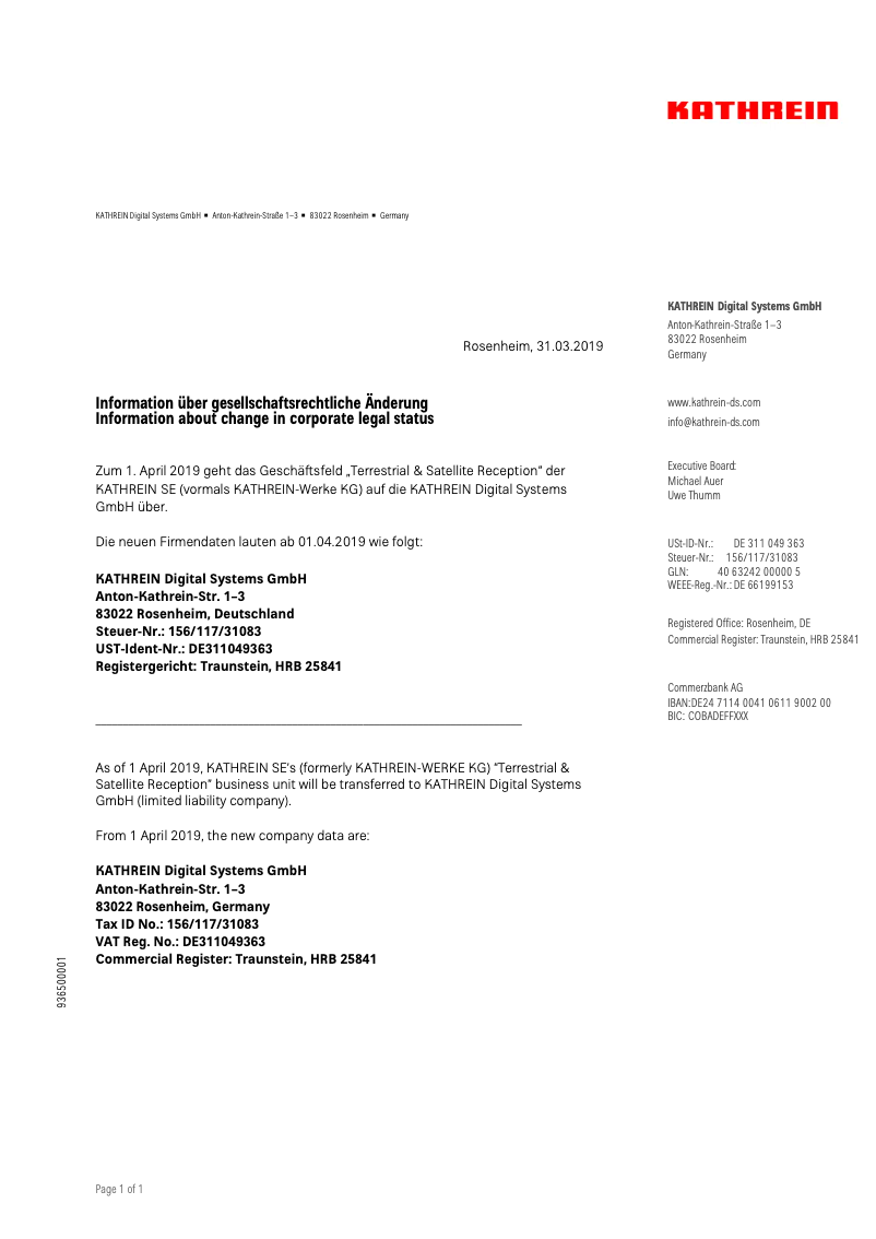 Page 1 de la notice Fiche technique Kathrein UFZ 896