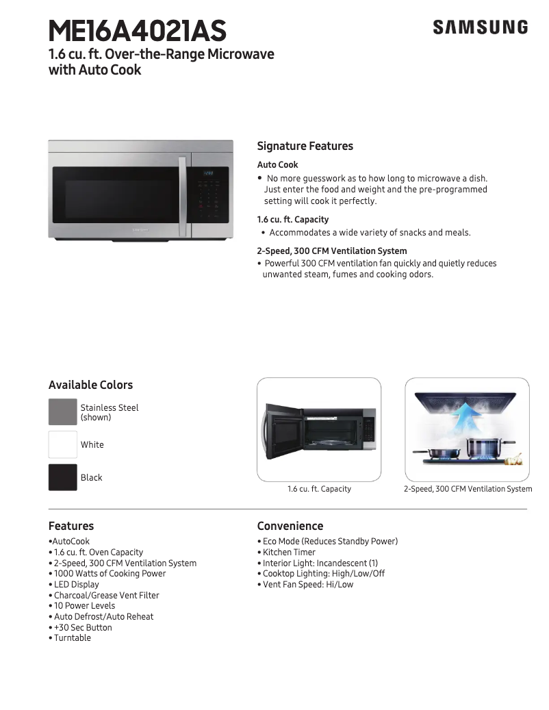 Page 1 de la notice Fiche technique Samsung ME16A4021AW