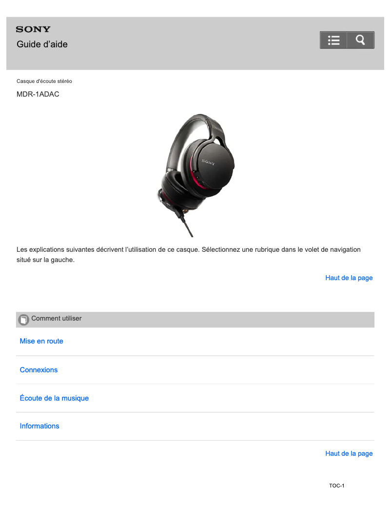 Image de la première page du manuel de l'appareil MDR-1ADAC