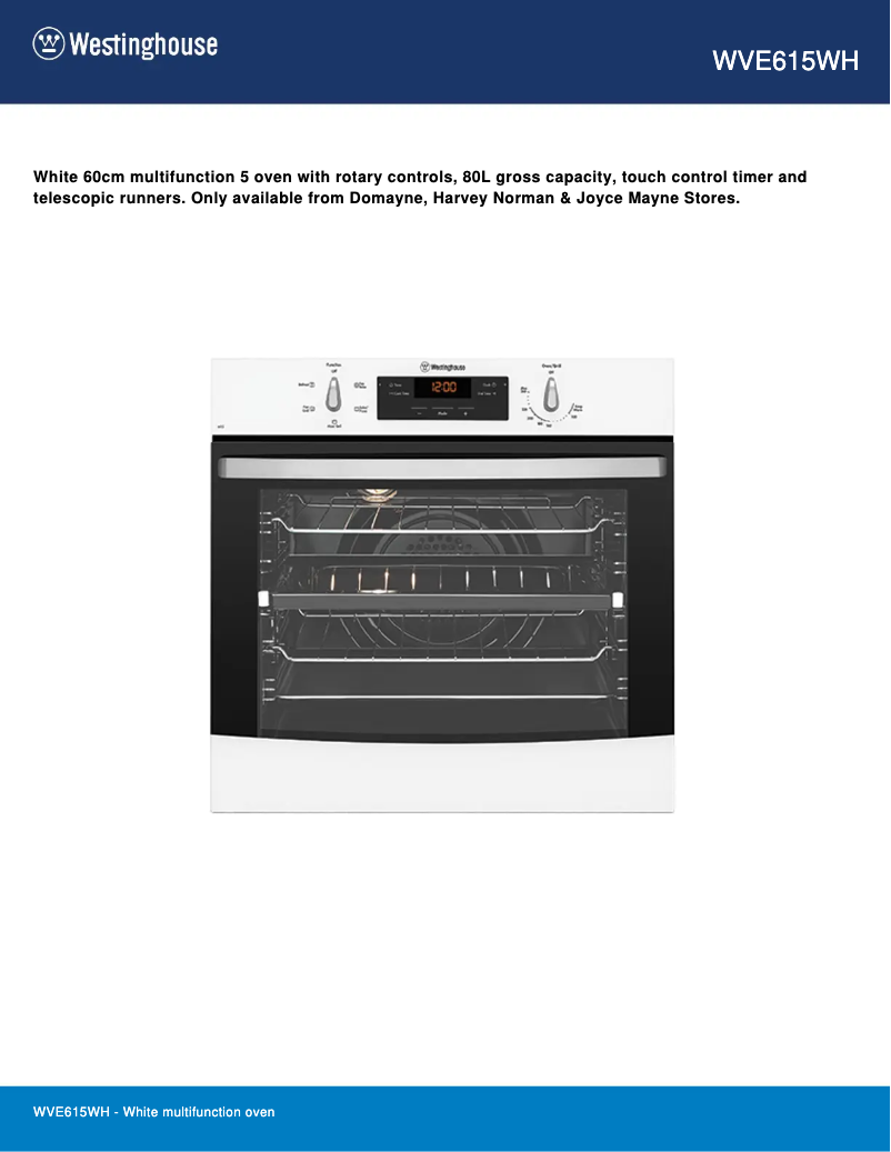 Page 1 de la notice Fiche technique Westinghouse WVE615WH