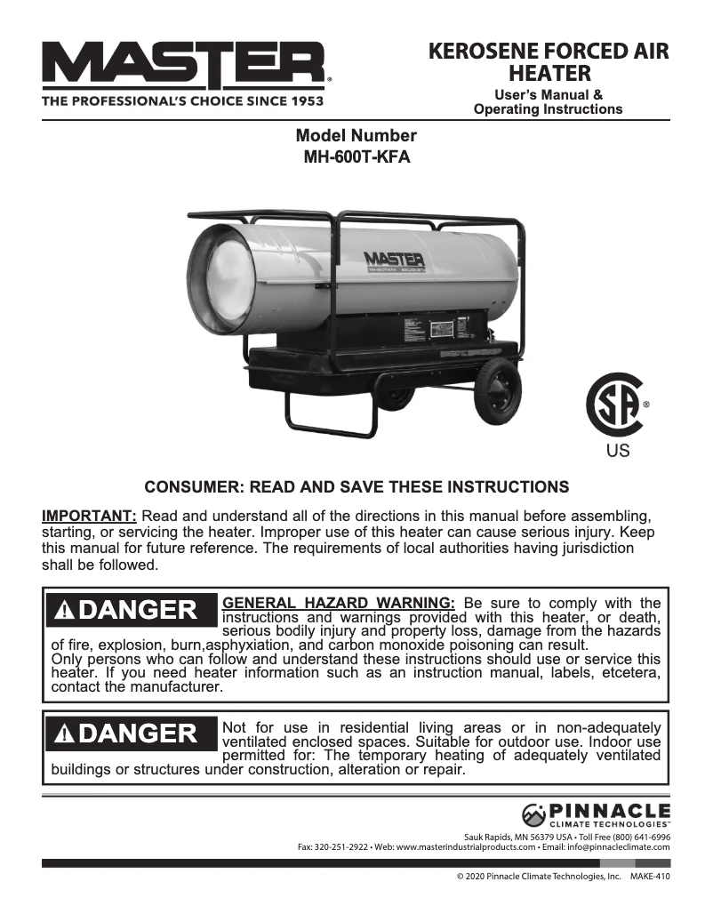 Page 1 de la notice Manuel utilisateur Master MH-600T-KFA