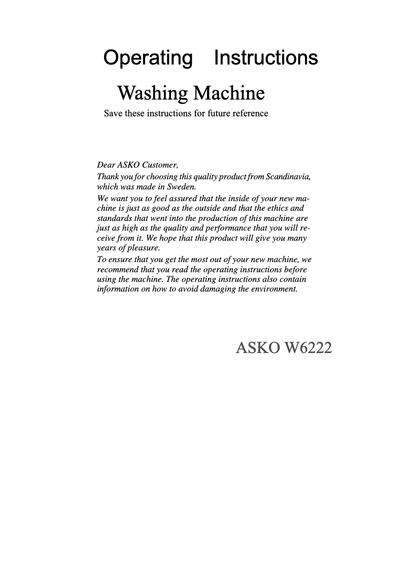 Page n°1 - Manuel utilisateur Asko W6222