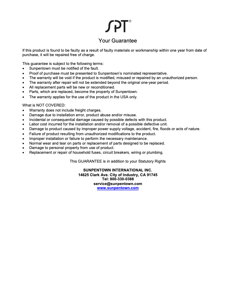 Page n°1 - Informations de garantie SPT SD-300ML