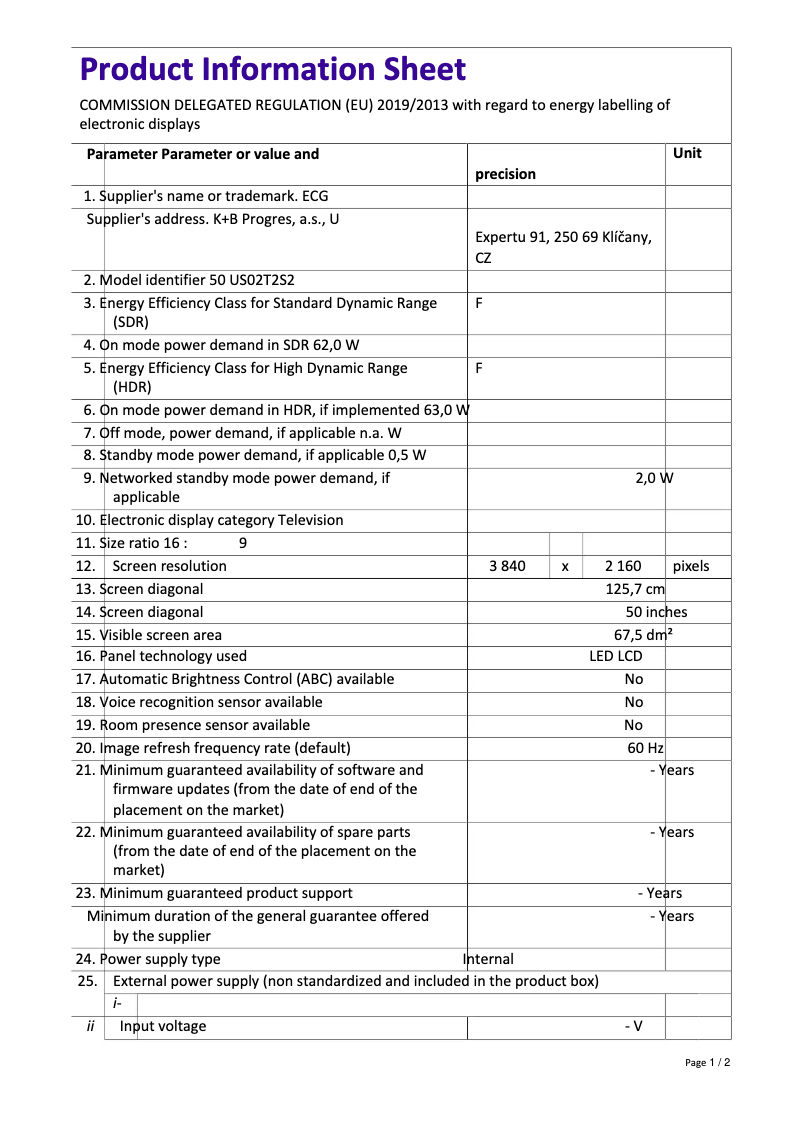 Página 1 del manual Ficha técnica ECG 50 US02T2S2