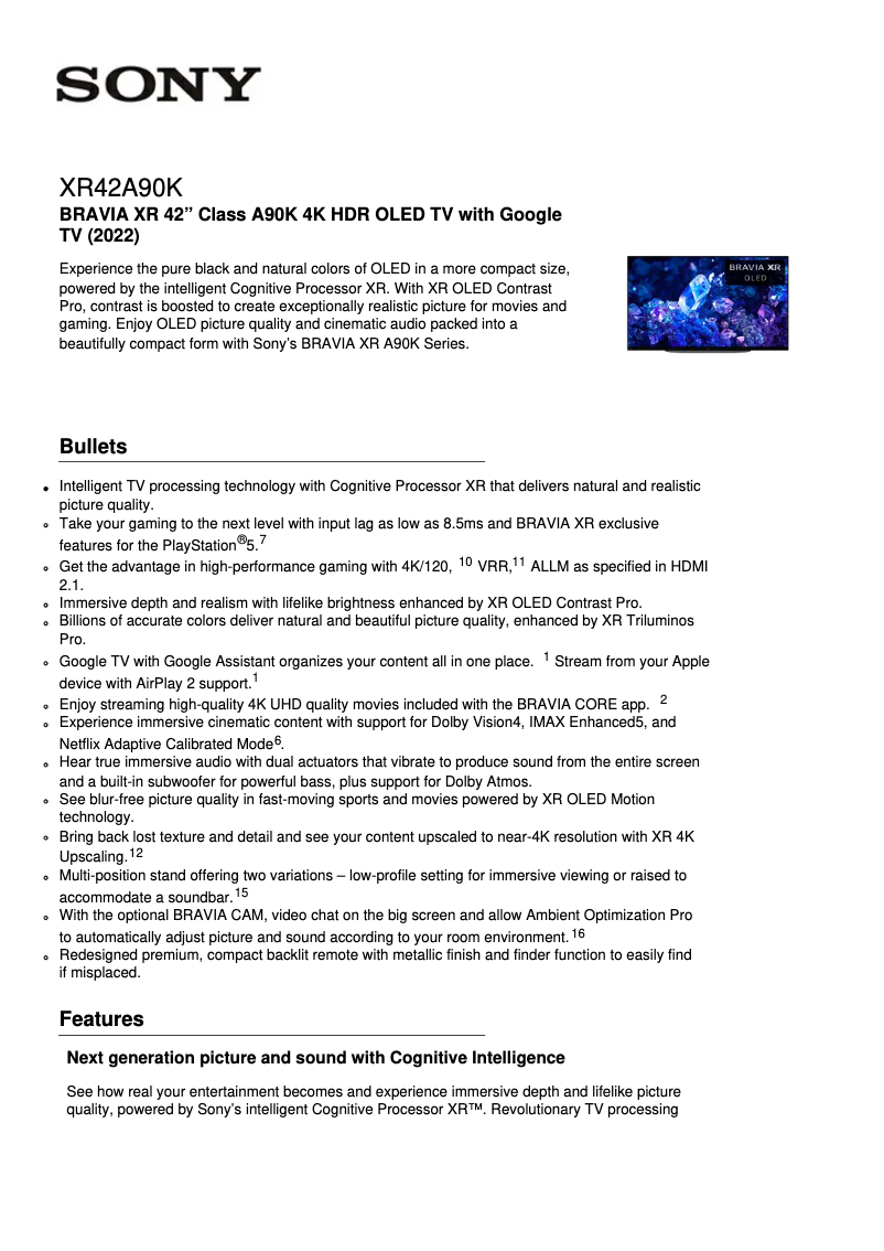 Page n°1 - Fiche technique Sony XR-42A90K