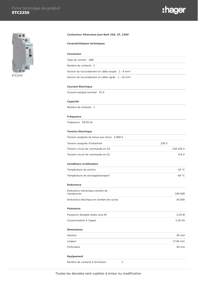 Page n°1 - Fiche technique Hager ETC225S