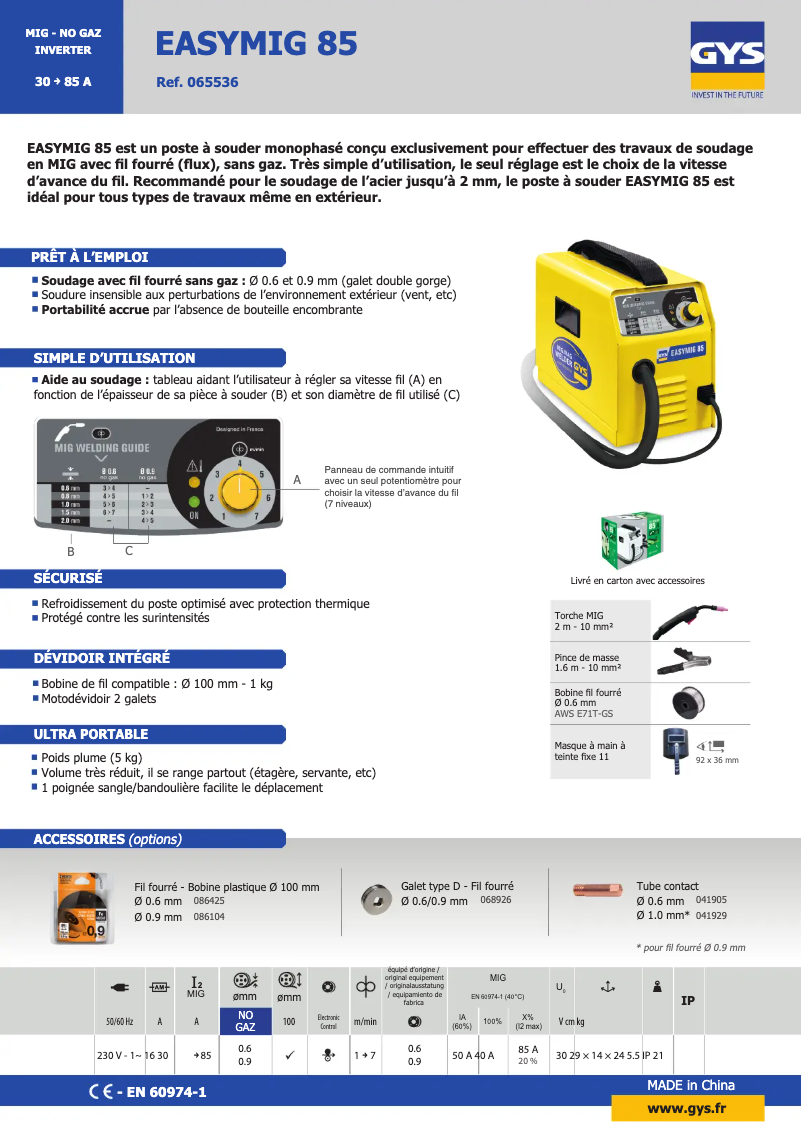 Page 1 de la notice Fiche technique GYS EasyMig 85