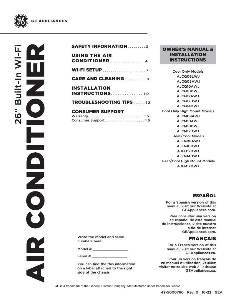 Page 1 of the manual Use and Maintenance Manual GE AJCQ06LWJ
