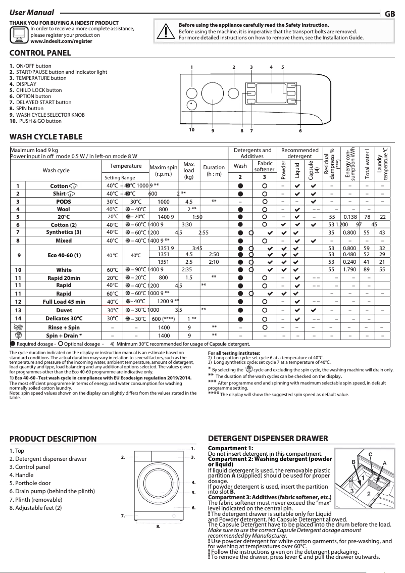 Page 1 de la notice Manuel d'utilisation et d'entretien Indesit BWE 91496X WSV EE