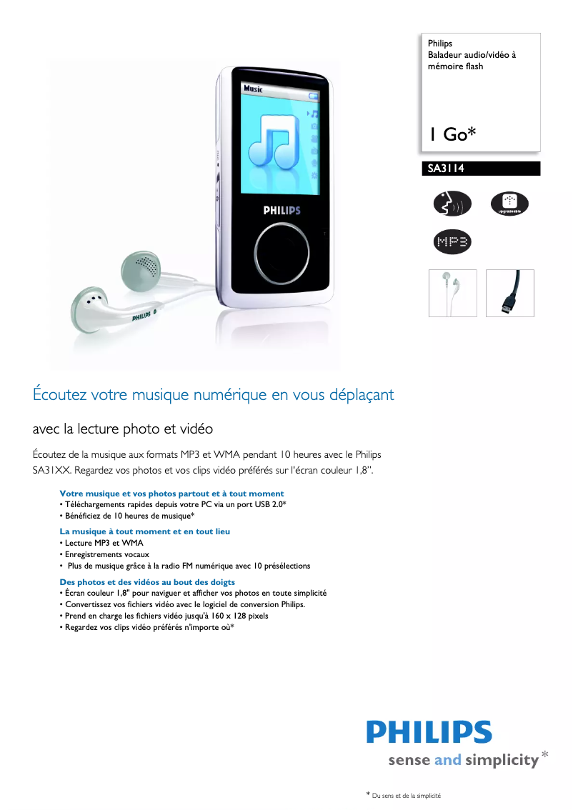 Page 1 de la notice Fiche technique Philips GoGear SA3114
