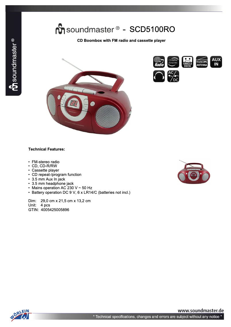 Page 1 de la notice Fiche technique Soundmaster SCD5100