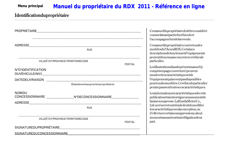 Page 1 de la notice Manuel utilisateur Acura RDX (2011)