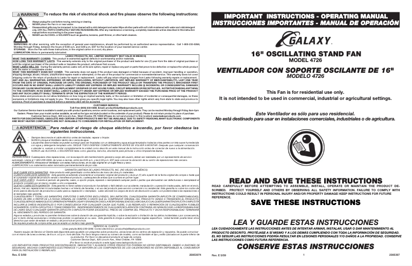 Page 1 de la notice Manuel utilisateur Lasko 4726