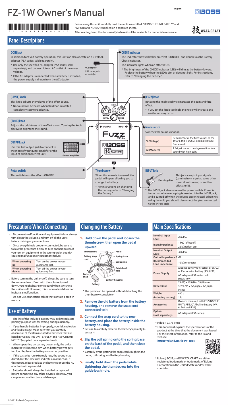 Page n°1 - Manuel utilisateur Boss FZ-1W