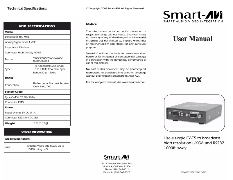Page 1 de la notice Manuel utilisateur Smart-AVI VDX
