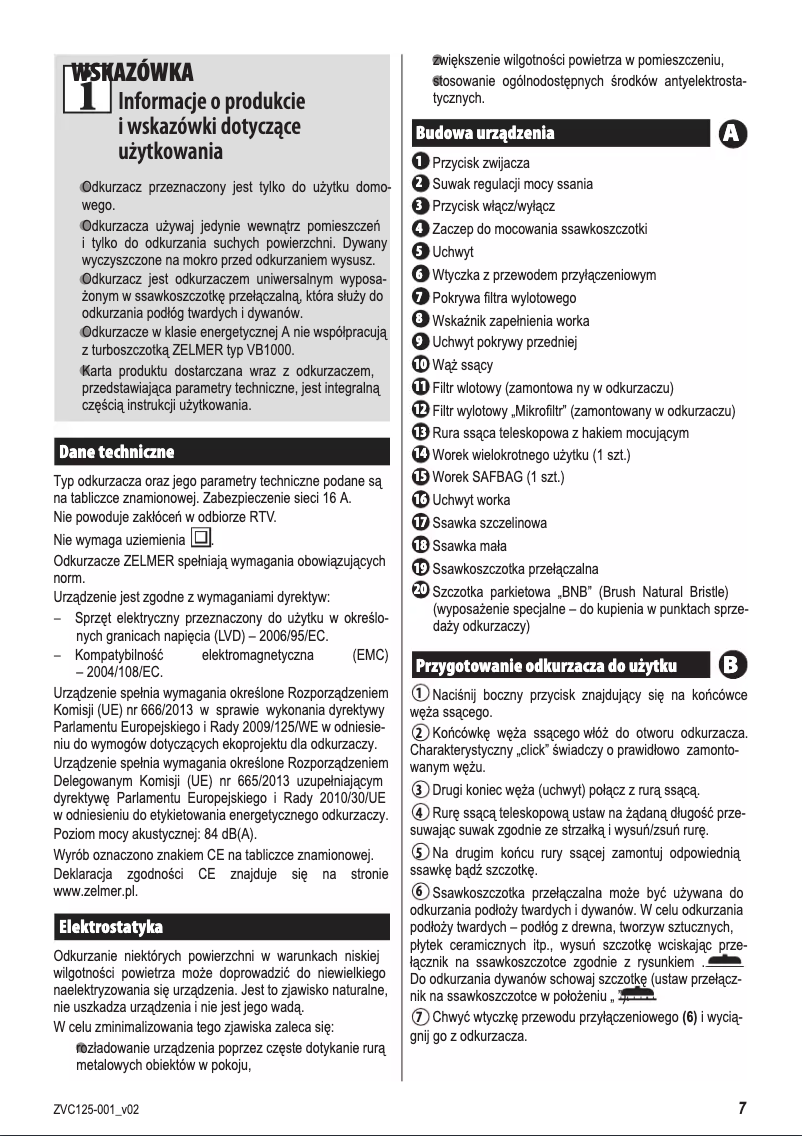 Page 1 de la notice Manuel utilisateur Zelmer Dot ZVC125EK