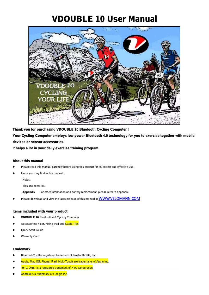 Page n°1 - Manuel utilisateur Velomann VDOUBLE 10