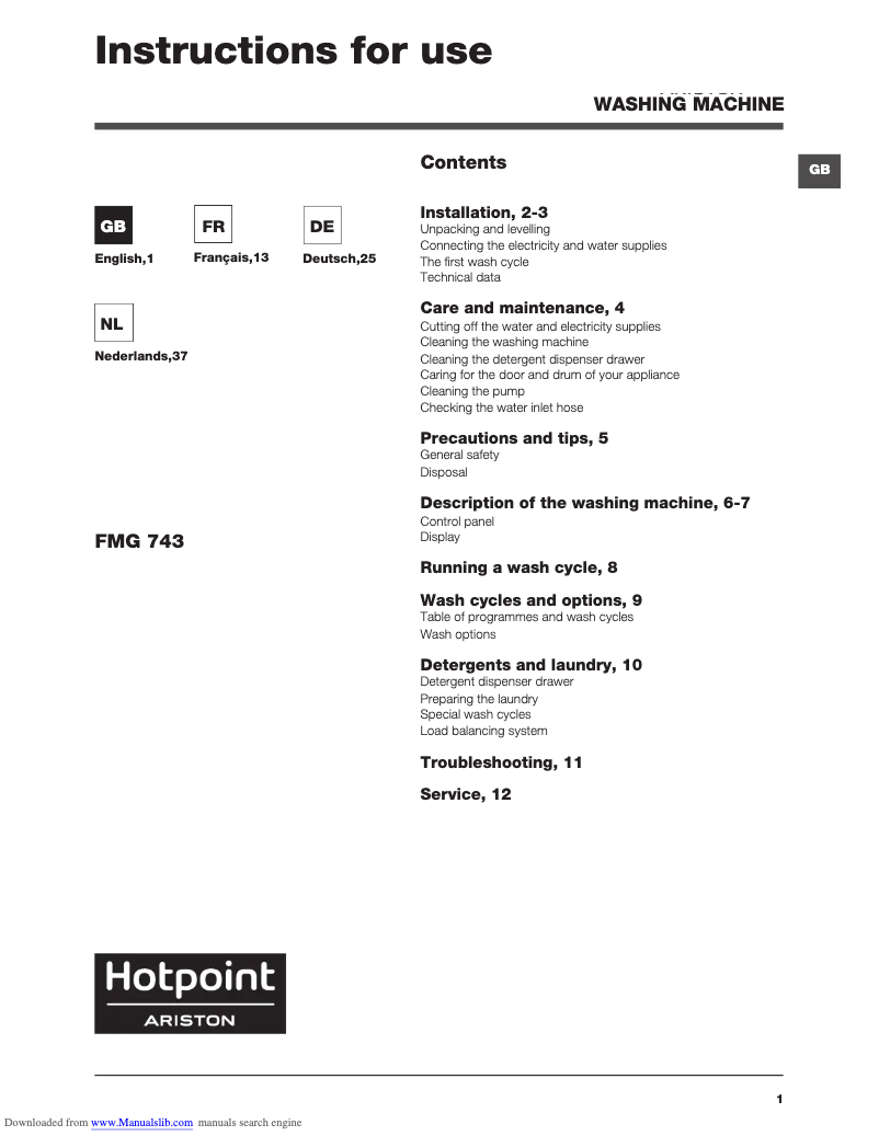 Page 1 de la notice Manuel utilisateur Hotpoint Ariston FMG 743 B