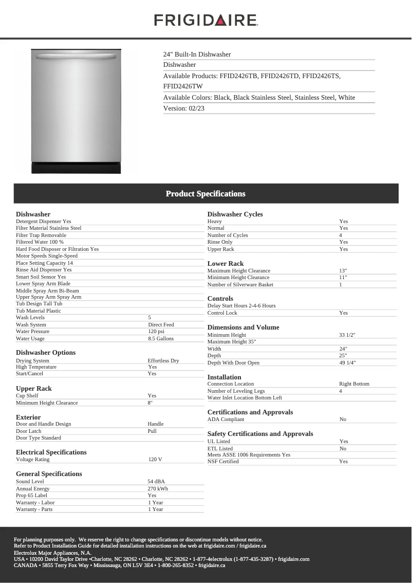 Page n°1 - Fiche technique Frigidaire FFID2426T