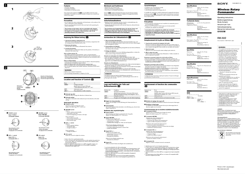 Page 1 de la notice Manuel utilisateur Sony RM-X6S