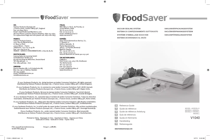 Page n°1 - Manuel utilisateur FoodSaver V1040