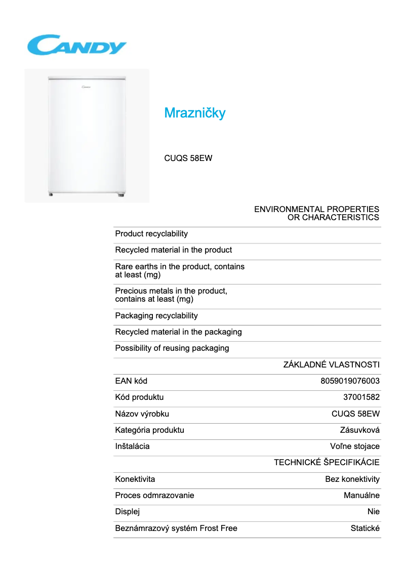 Page n°1 - Fiche technique Candy CUQS 58EW