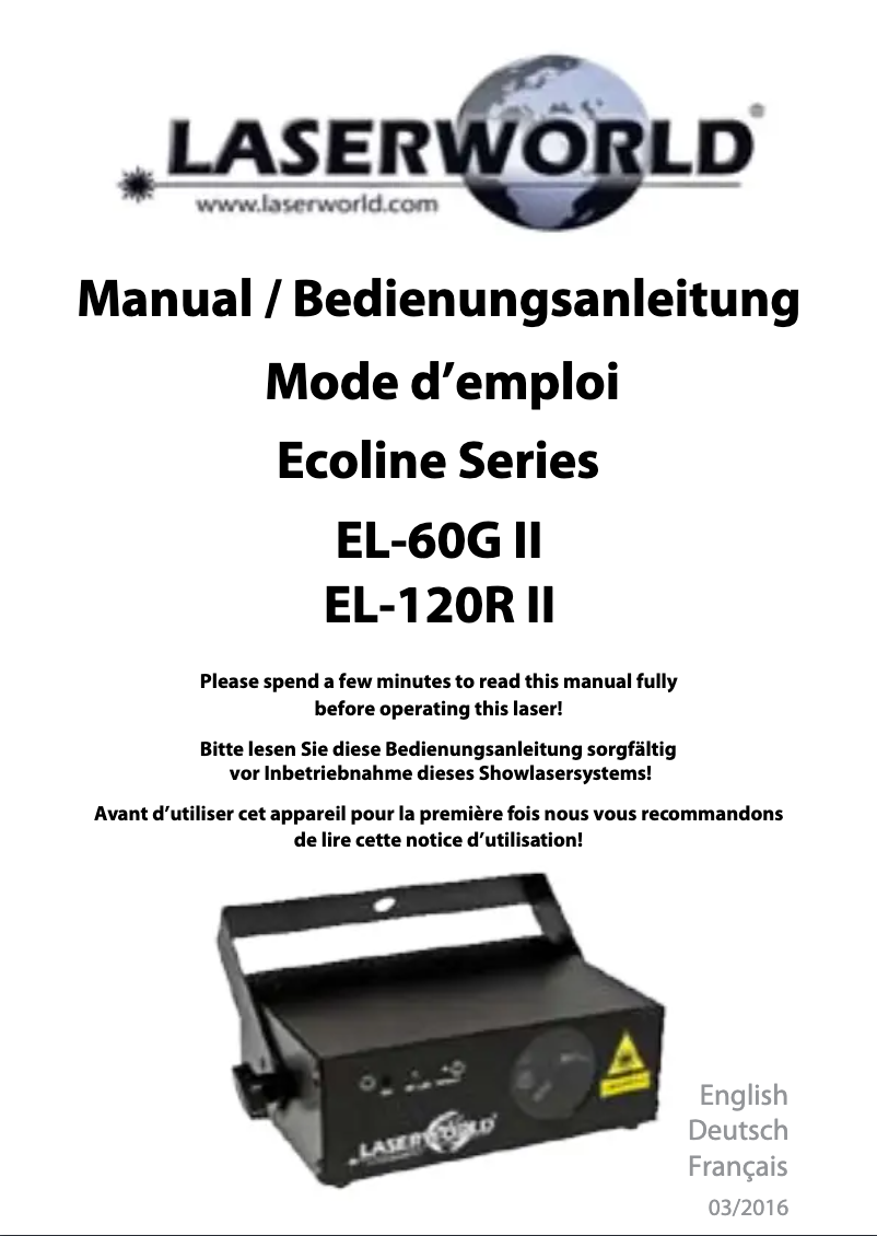 Page 1 de la notice Manuel utilisateur Laserworld EL-60G MKII