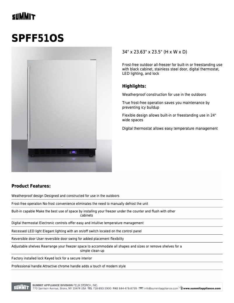 Page 1 de la notice Fiche technique Summit SPFF51OS