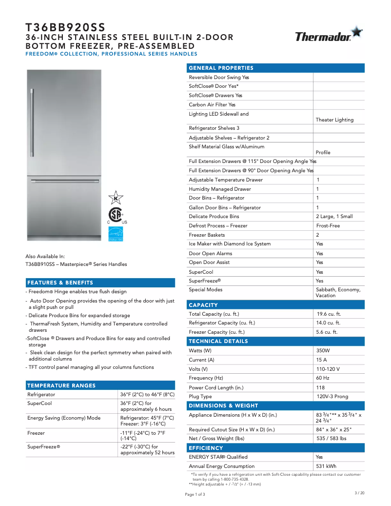 Page 1 de la notice Fiche technique Thermador T36BB920SS