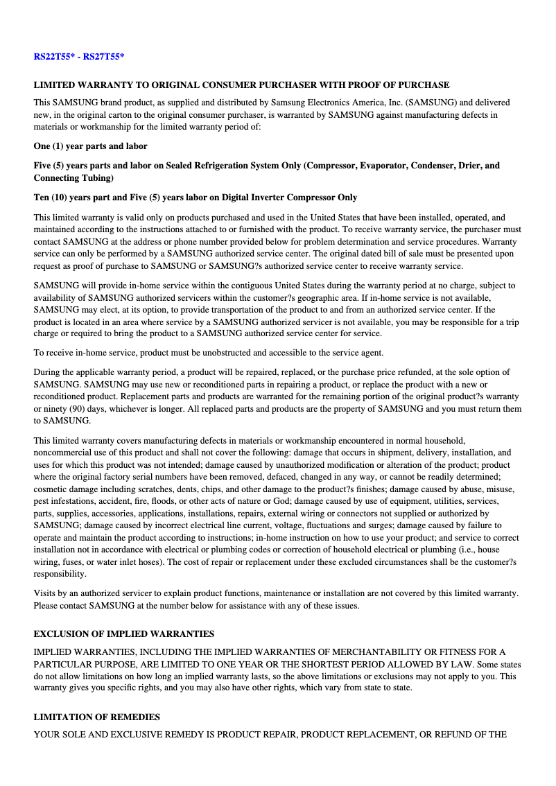 Page 1 de la notice Informations de garantie Samsung RS22T5561SG/AA