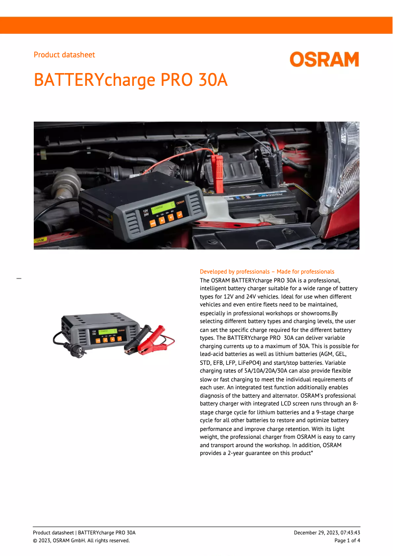 Page 1 de la notice Fiche technique Osram BATTERYcharge PRO 30A