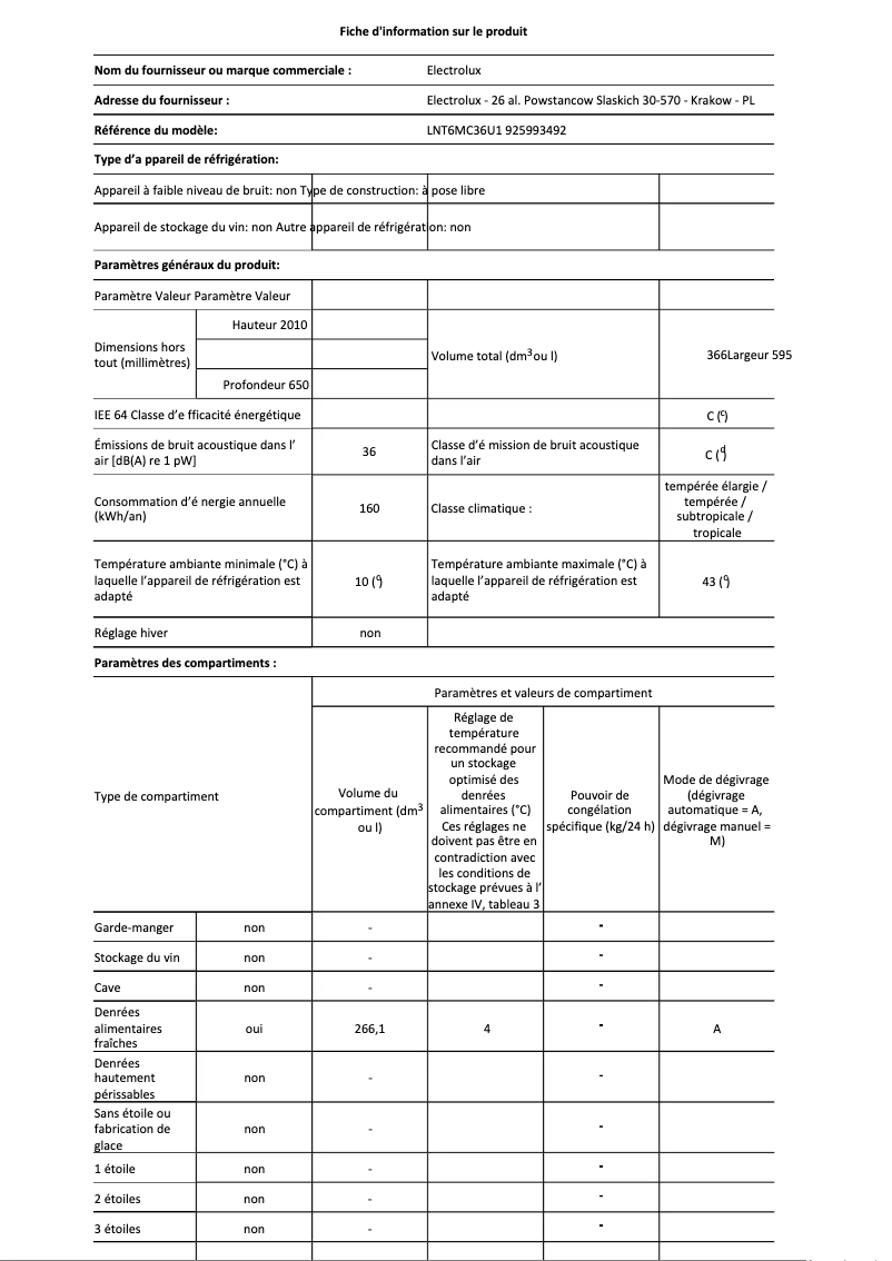Page 1 de la notice Fiche technique Electrolux LNT6MC36U1