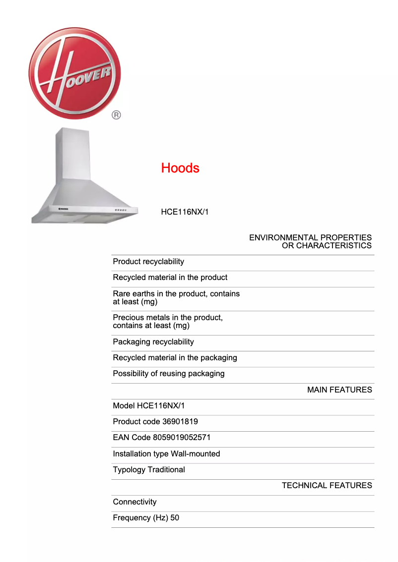 Page 1 de la notice Fiche technique Hoover HCE116NX