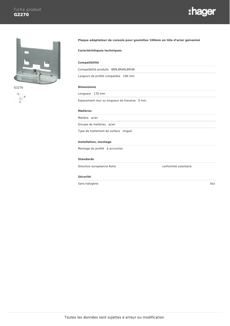 Page 1 de la notice Manuel utilisateur Hager G2270